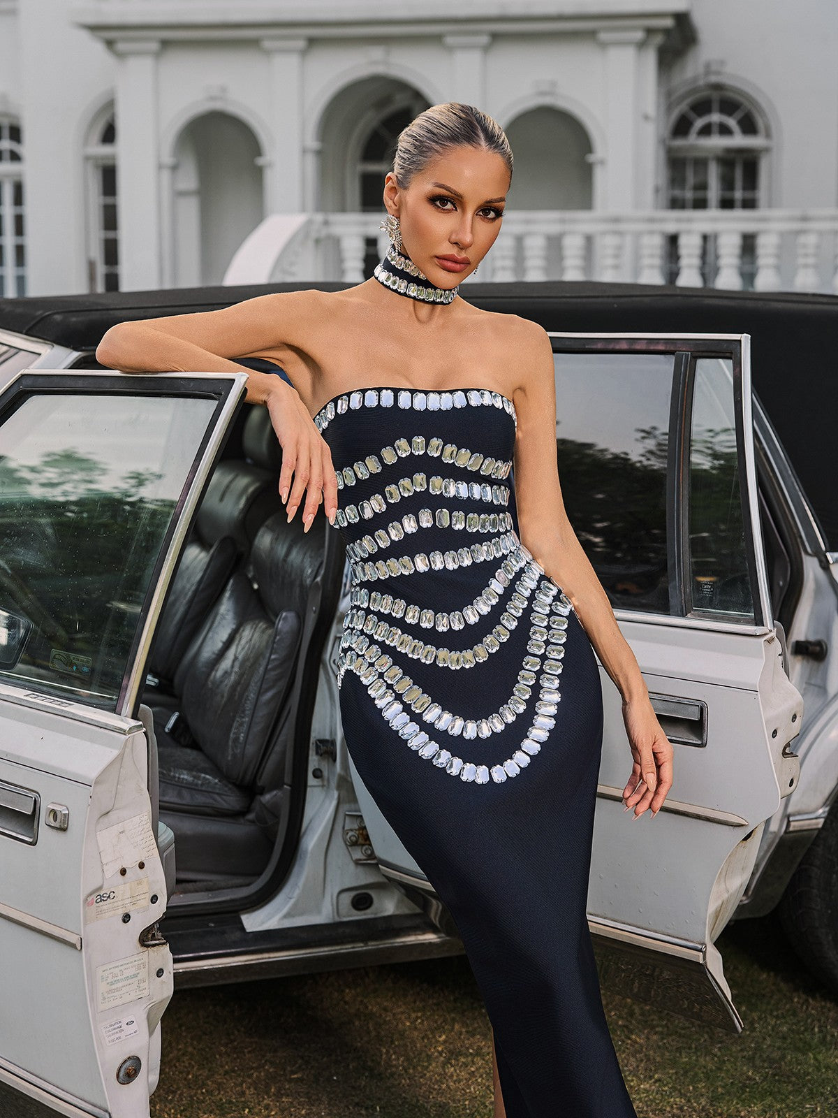 Strapless Crystal Bandage Maxi Dress With Choker - View 2