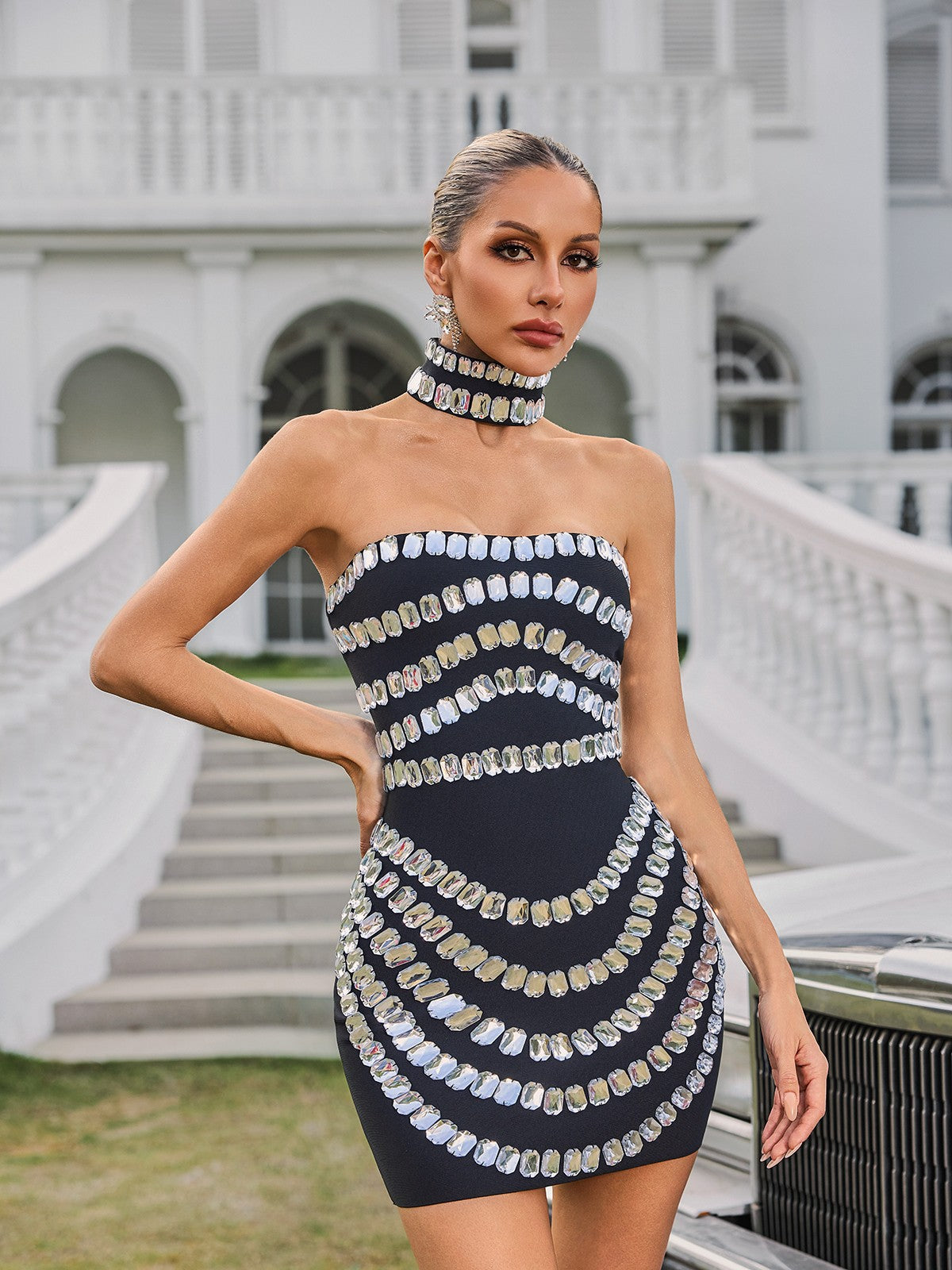 Strapless Crystal Bandage Mini Dress With Choker - View 4