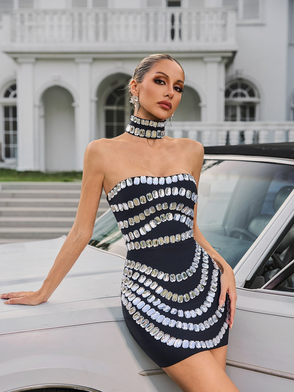 Strapless Crystal Bandage Mini Dress With Choker - View 5