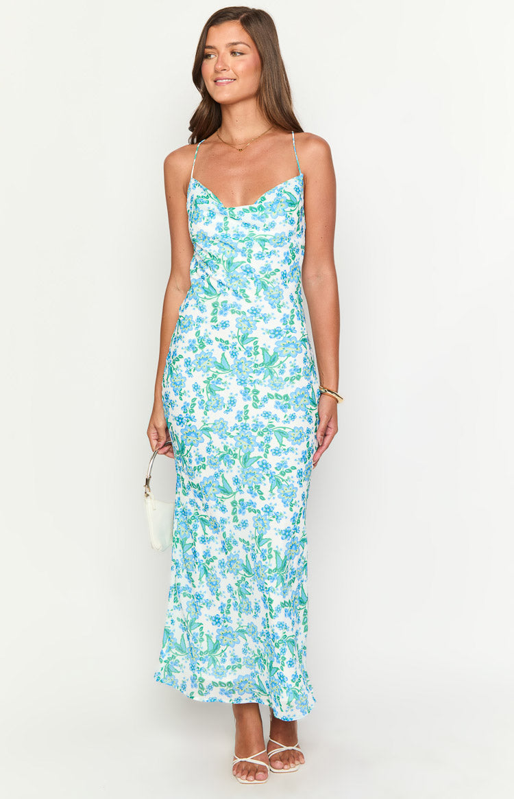 Floral Print Cowl Neck Spaghetti Strap Slip Maxi Dress 3