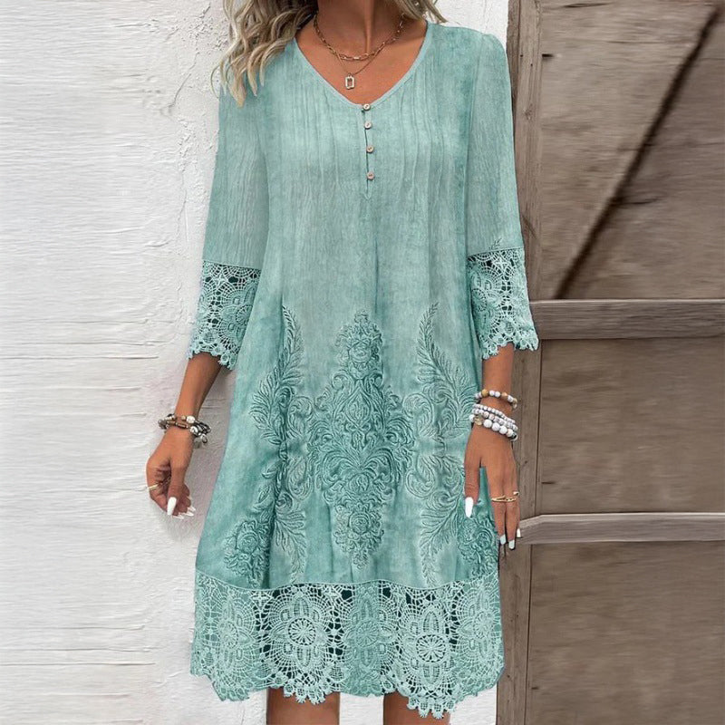 Lace Trim V-Neck Damask Shift Midi Dress 3