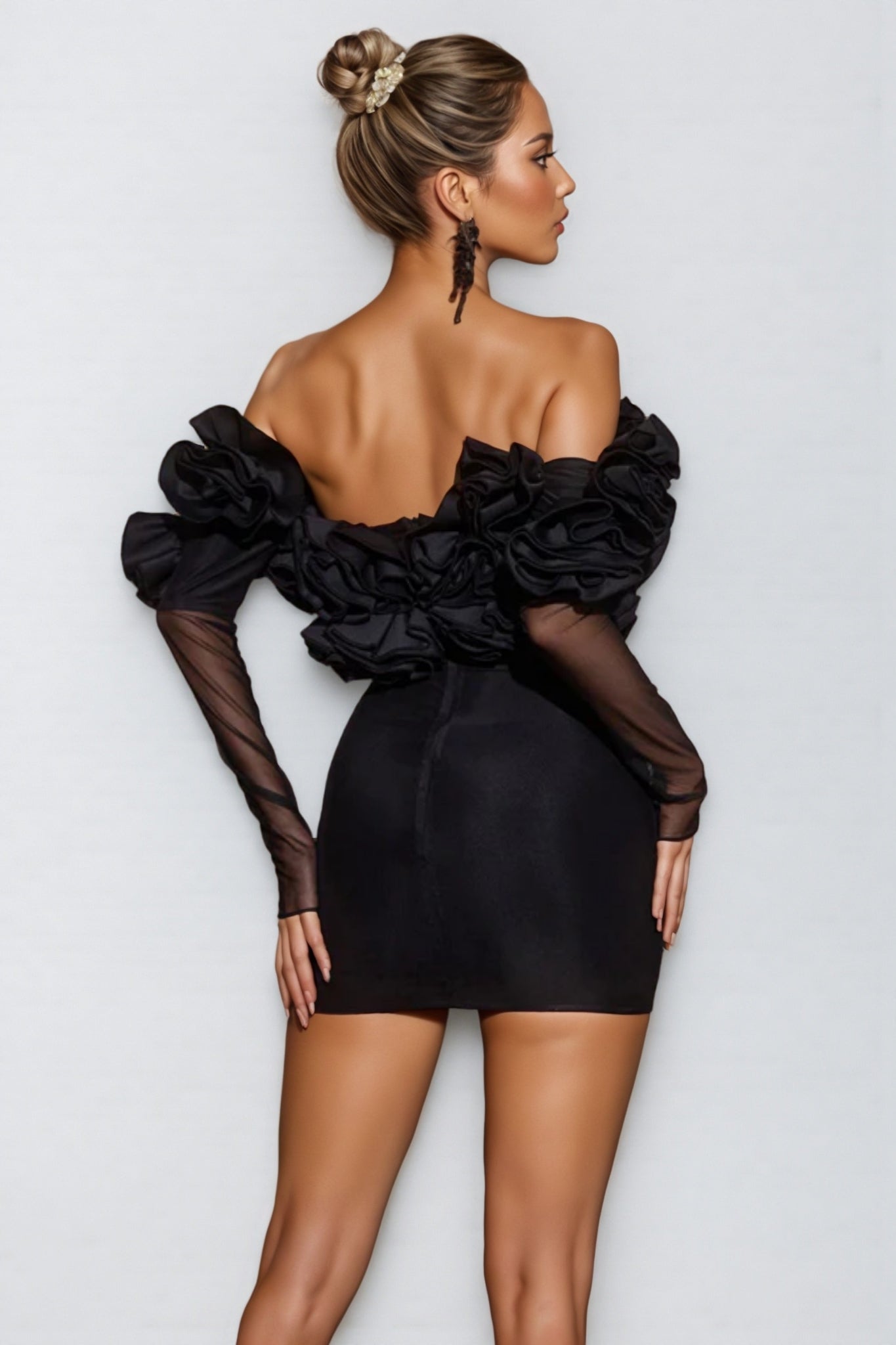 Inigo Off Sleeve Ruched Mesh Mini Dress - View 5