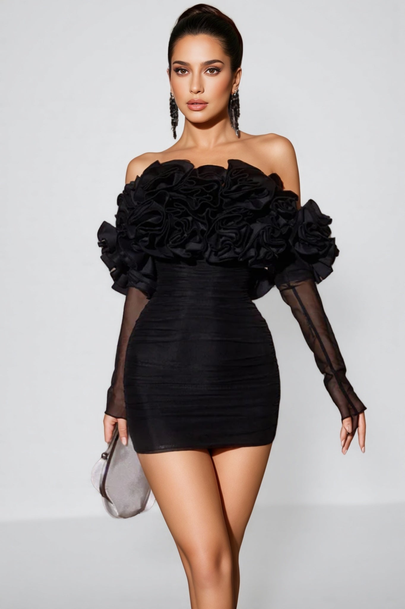 Inigo Off Sleeve Ruched Mesh Mini Dress - View 2