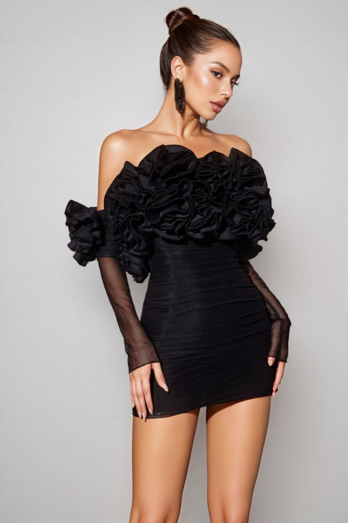 Inigo Off Sleeve Ruched Mesh Mini Dress - View 4