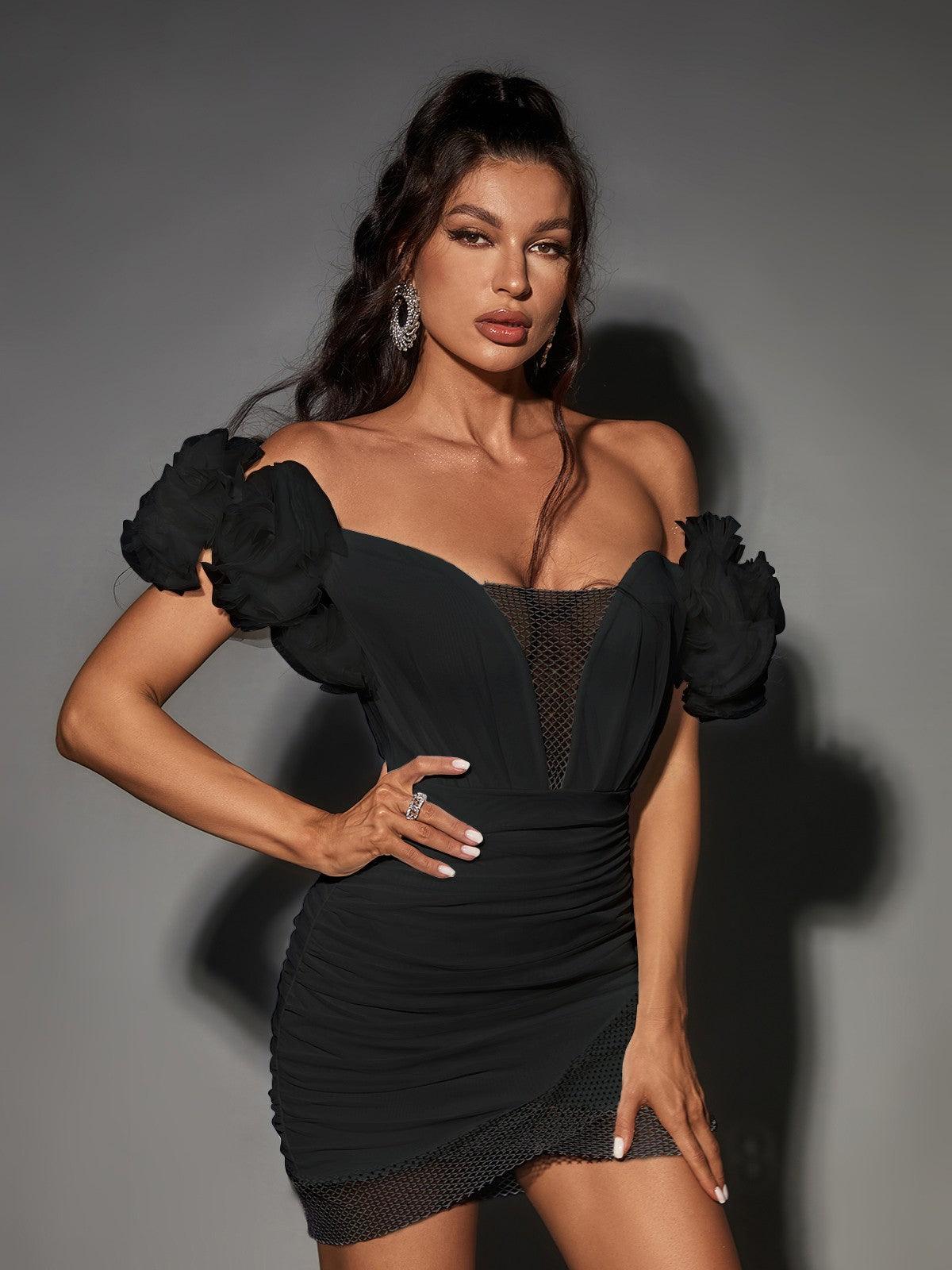 Off Shoulder Ruffle Sleeve Mesh Panel Ruched Bandage Mini Dress