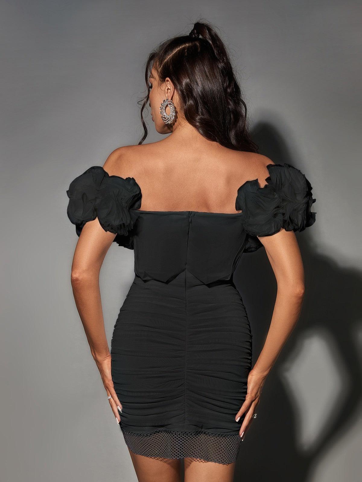 Off Shoulder Ruffle Sleeve Mesh Panel Ruched Bandage Mini Dress
