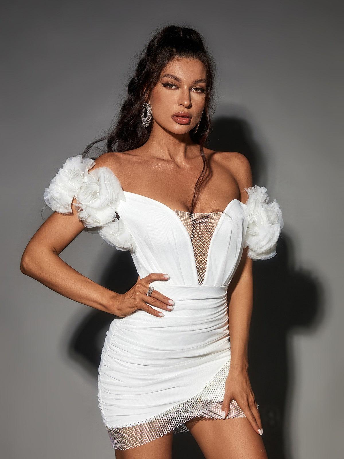 Off Shoulder Rhinestone Mesh Insert Ruffle Flower Sleeve Ruched Bandage Mini Dress