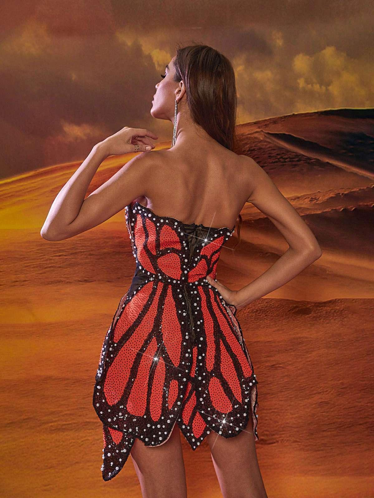 Butterfly Sequin Pearl Mini Dress