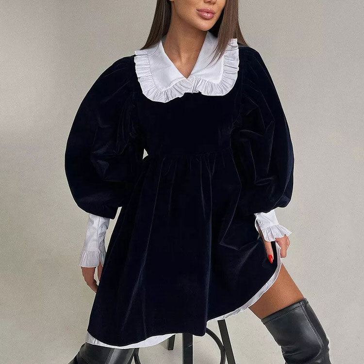 Velvet Collar Mini Black Dress - View 2