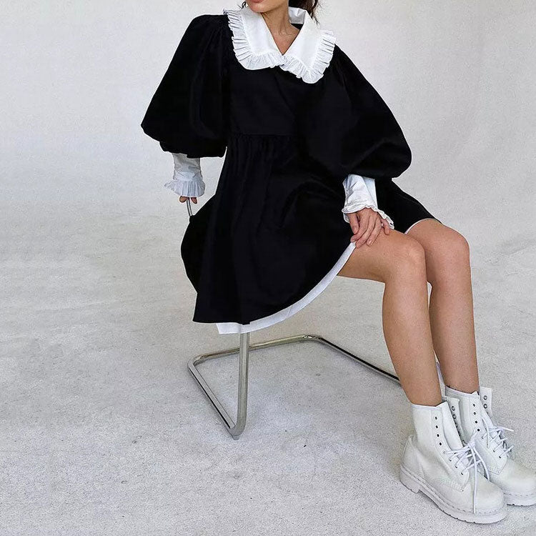 Velvet Collar Mini Black Dress - View 3