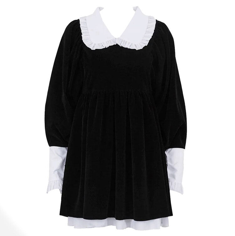 Velvet Ruffle Trim Contrast Collar Long Puff Sleeve Babydoll Mini Dress