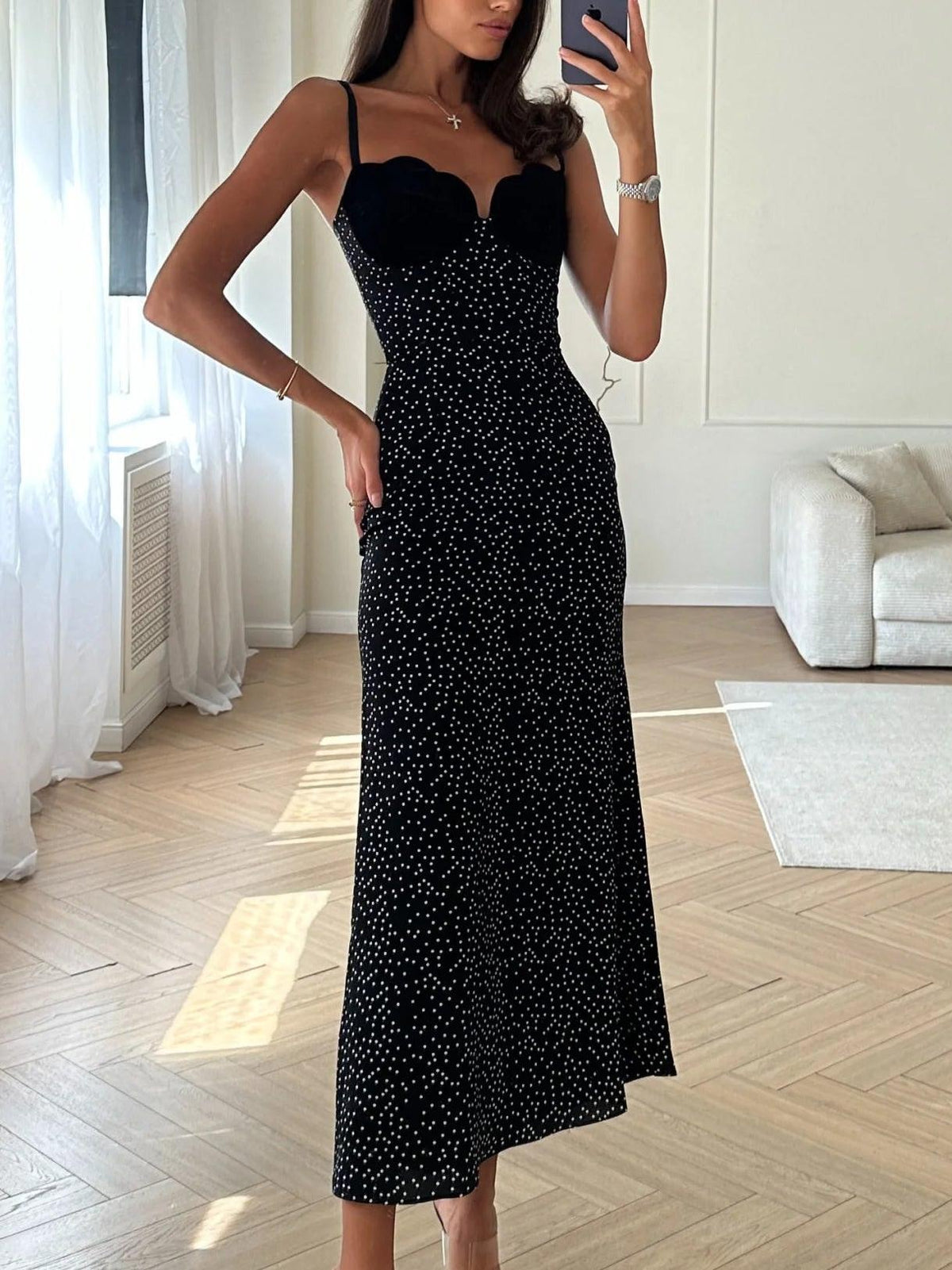 Polka Dot Velvet Scallop Cup Spaghetti Strap Midi Dress 3