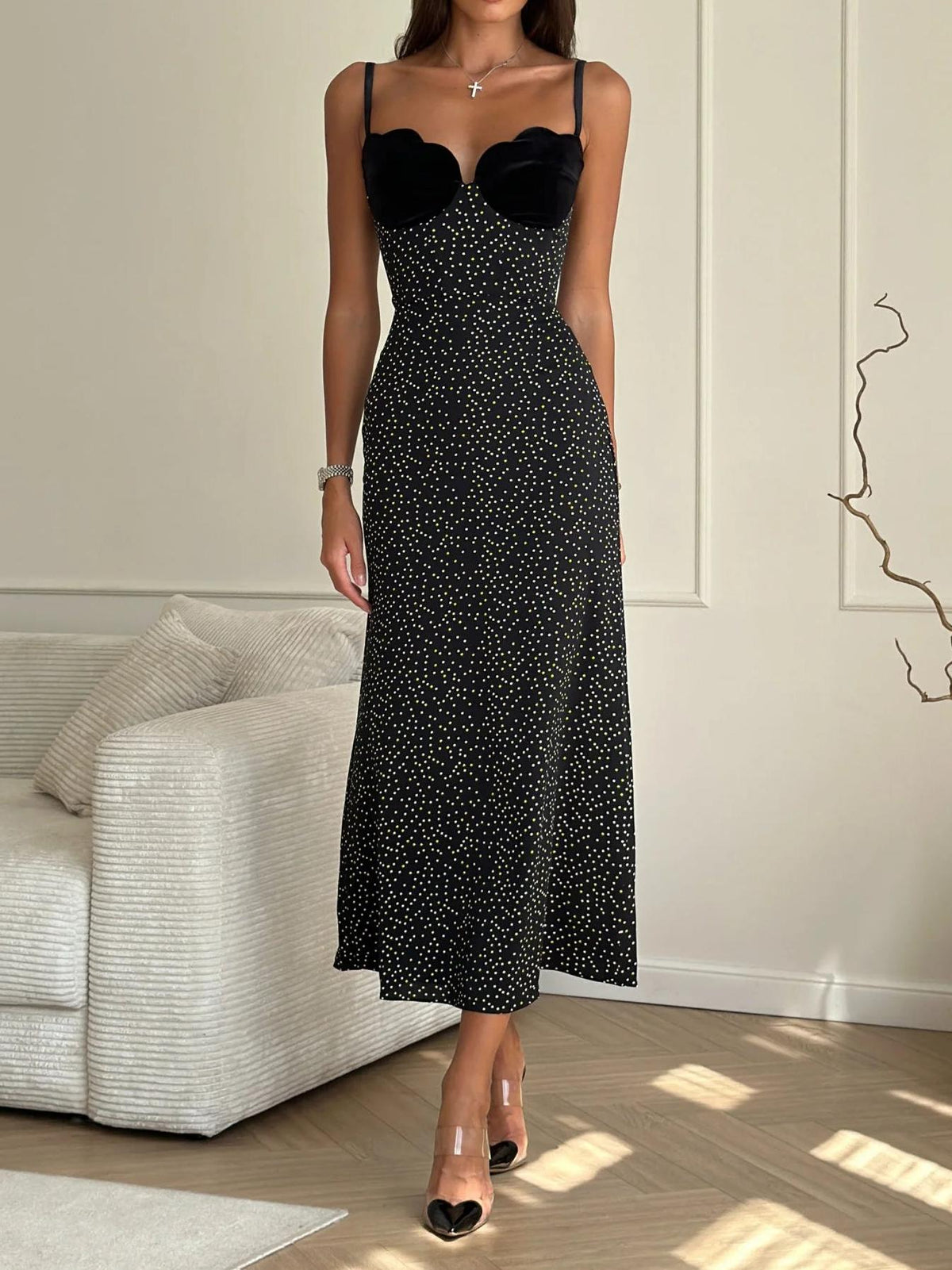 Polka Dot Velvet Scallop Cup Spaghetti Strap Midi Dress 2