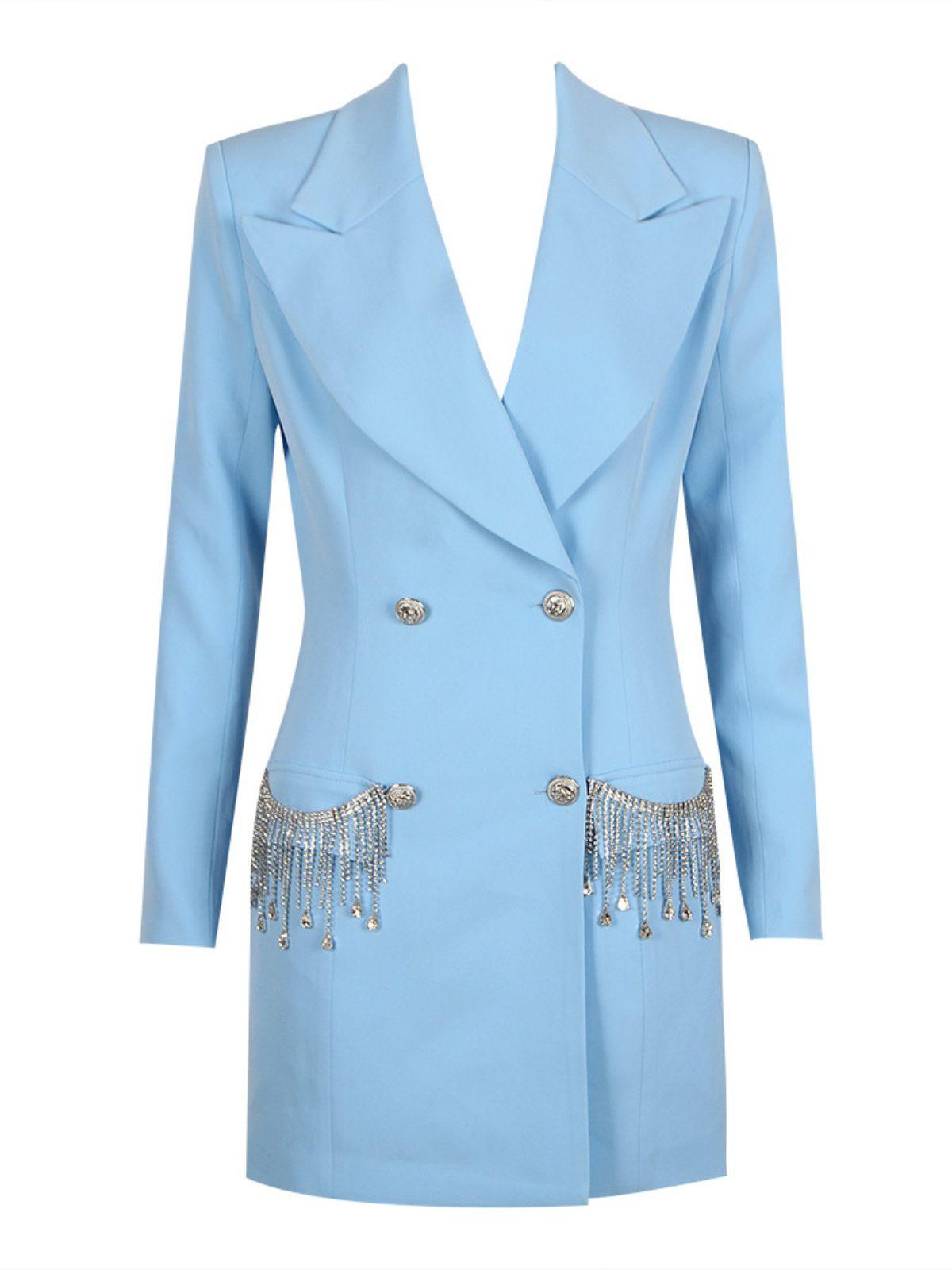 Rhinestone Fringe Double Breasted Long Sleeve Blazer Mini Dress
