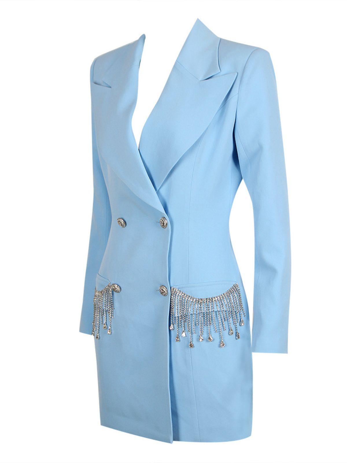 Rhinestone Fringe Double Breasted Long Sleeve Blazer Mini Dress