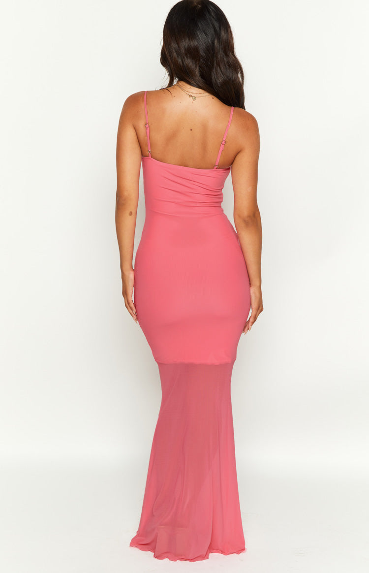 Mesh Ruched Front Spaghetti Strap Sheer Hem Mermaid Maxi Dress 4
