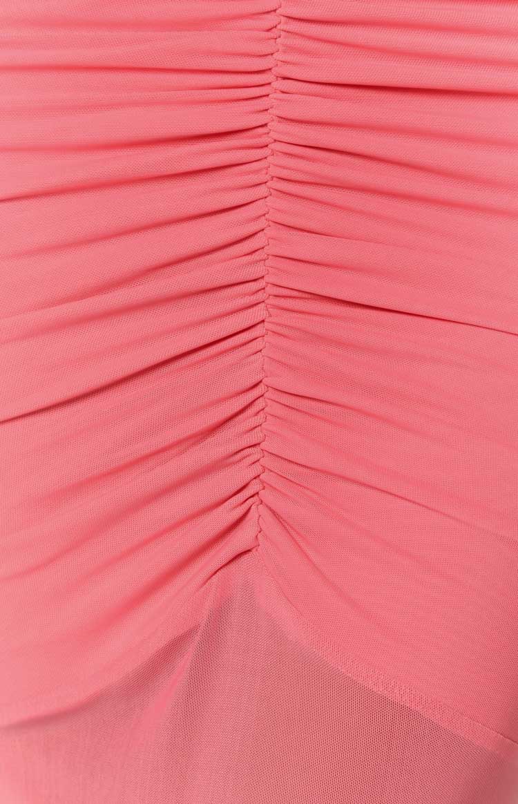 Mesh Ruched Front Spaghetti Strap Sheer Hem Mermaid Maxi Dress 5