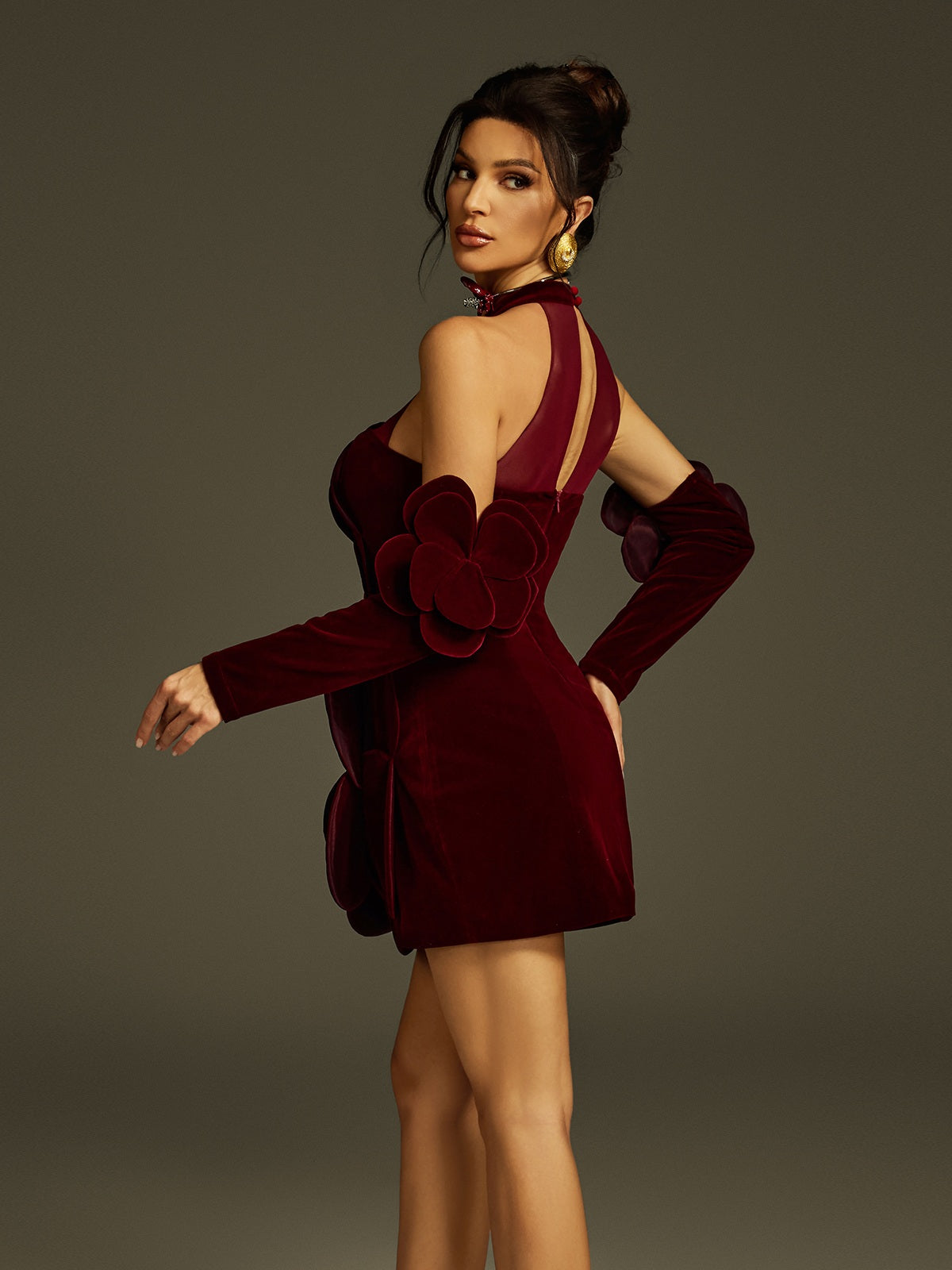 Velvet High Neck 3D Rose Flower Mesh Bodycon Mini Dress