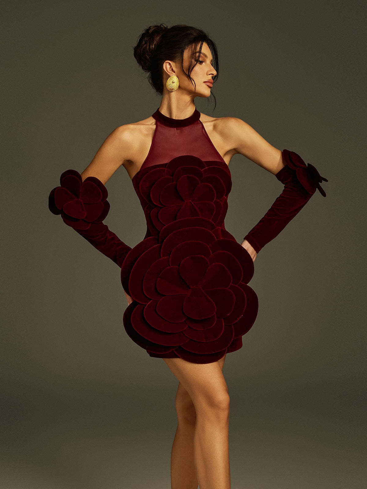 Velvet High Neck 3D Rose Flower Mesh Bodycon Mini Dress