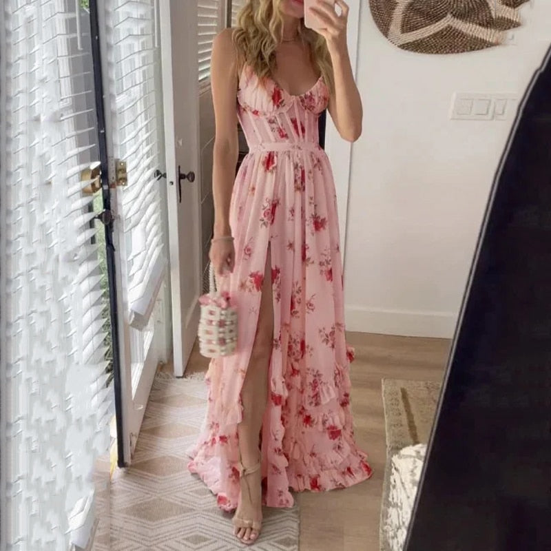 Floral Print Sweetheart Corset Bodice High Split Ruffle Trim Maxi Dress