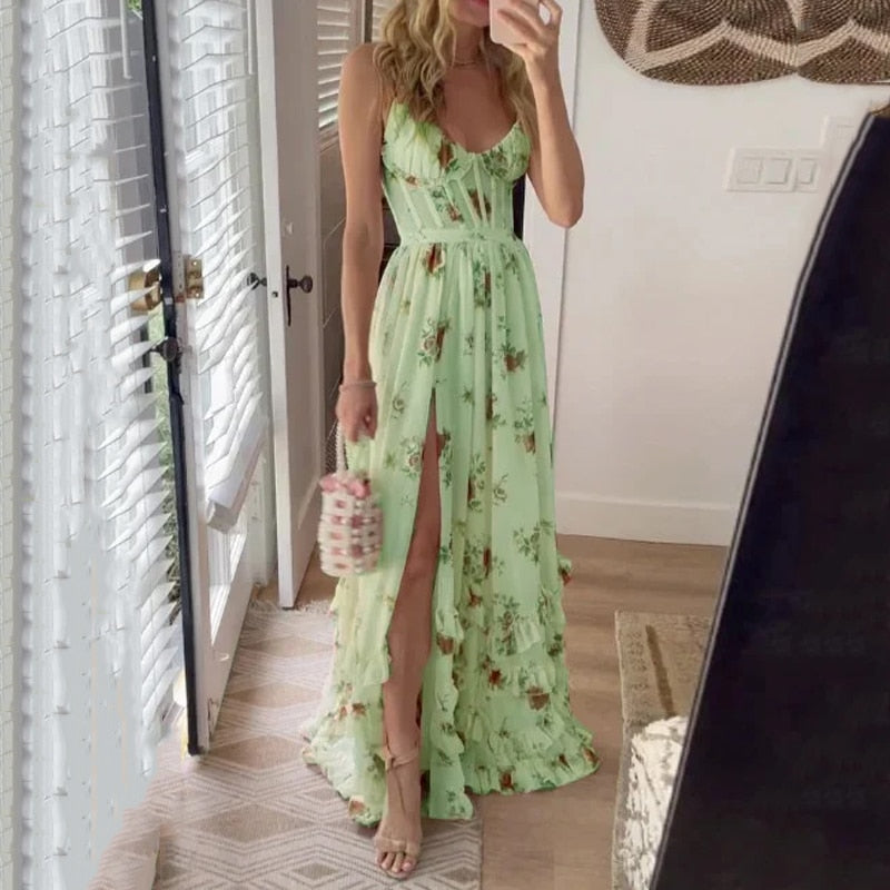 Floral Print Sweetheart Corset Bodice High Split Ruffle Trim Maxi Dress