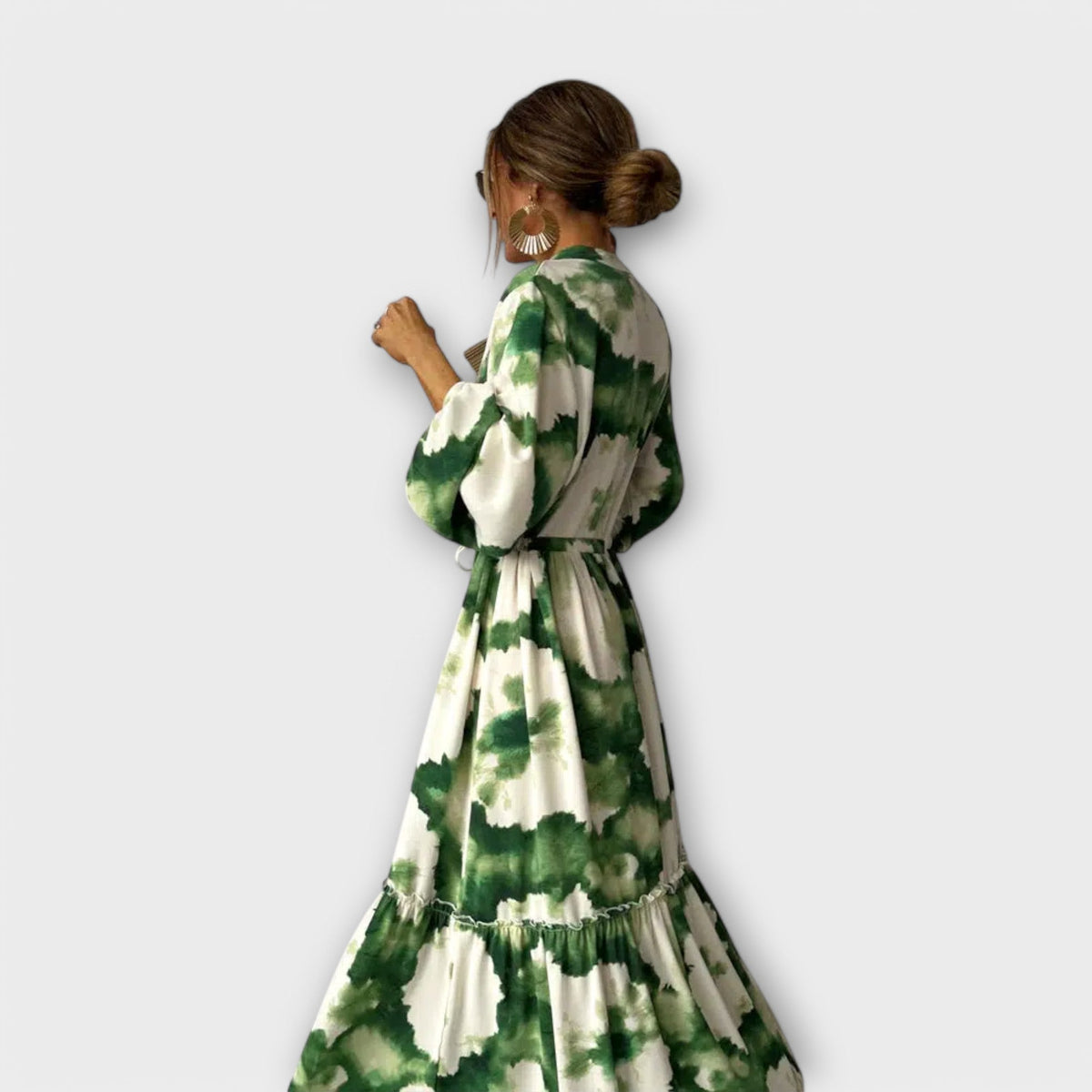 Watercolor Print Long Sleeve Tiered Ruffle Maxi Dress