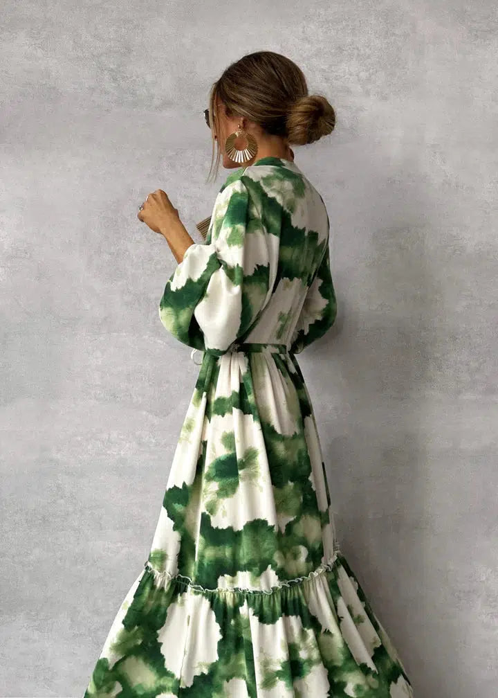 Tie Dye Print Mandarin Collar V-Neck Bishop Sleeve Drawstring Tiered Ruffle Maxi Dress