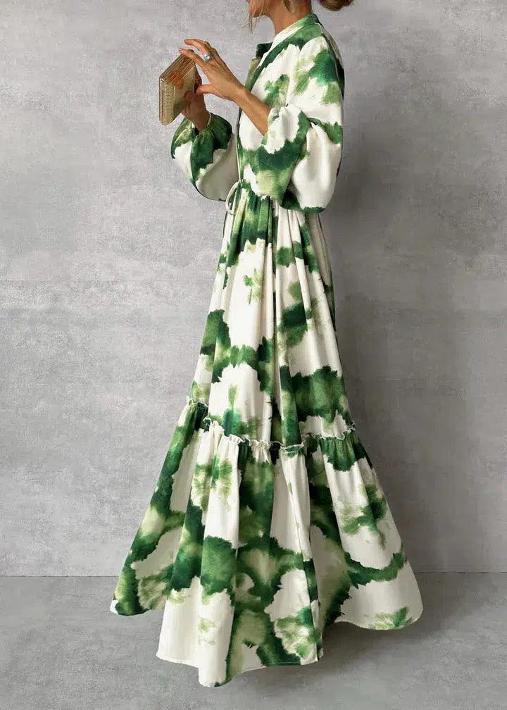 Tie Dye Print Mandarin Collar V-Neck Bishop Sleeve Drawstring Tiered Ruffle Maxi Dress