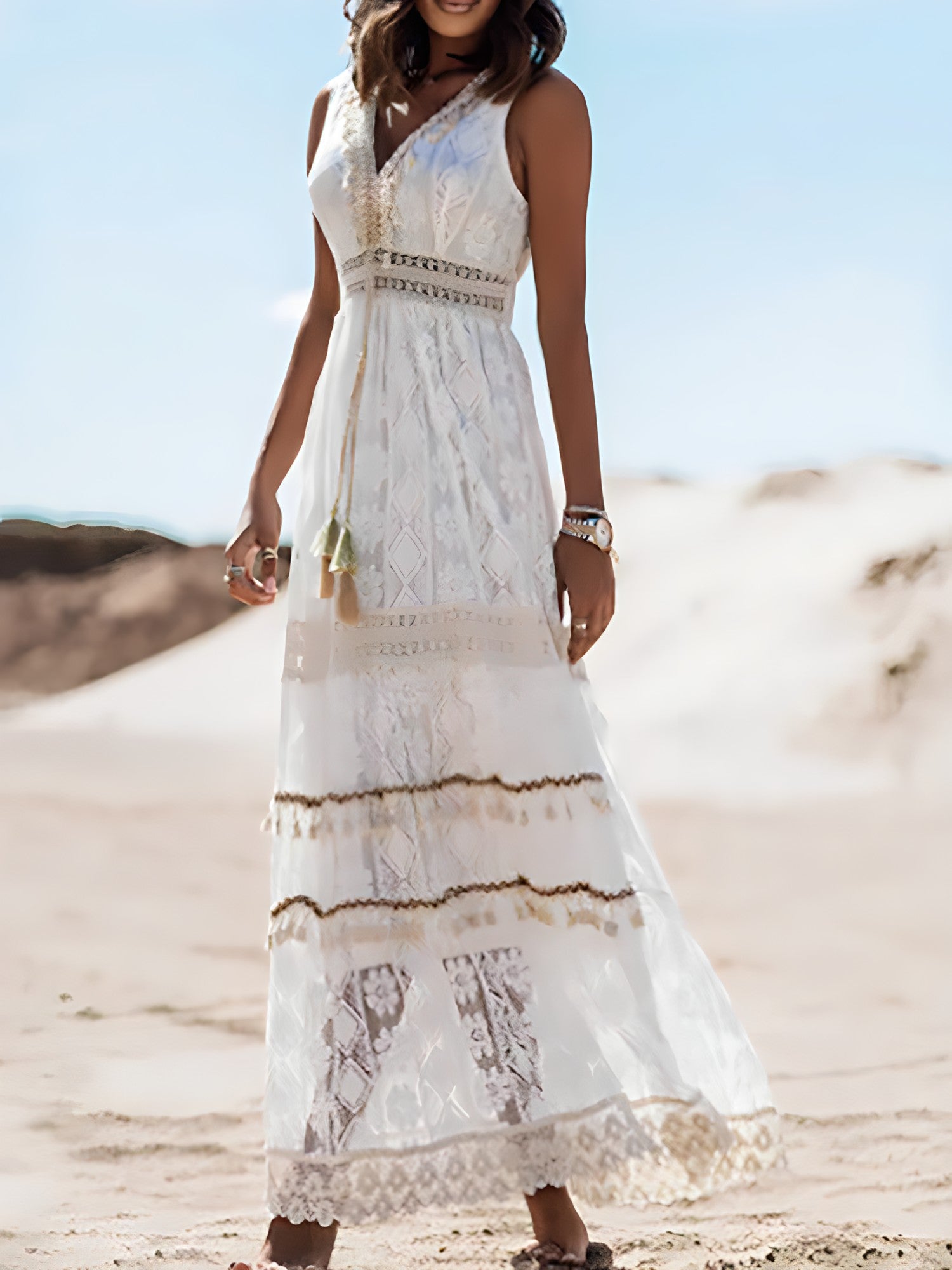 Lace Crochet Empire Waist V-Neck High Split Tiered Maxi Dress