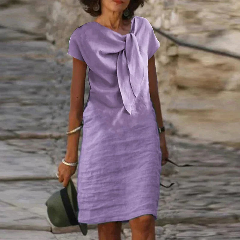 Boat Neck Bow Front Short Sleeve Midi Dress