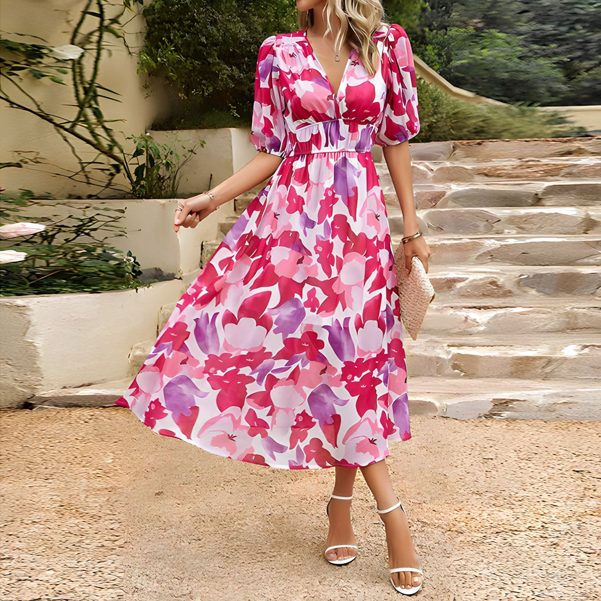Cotton Blend V-Neck Short Sleeve Summer Midi Dress - View 9