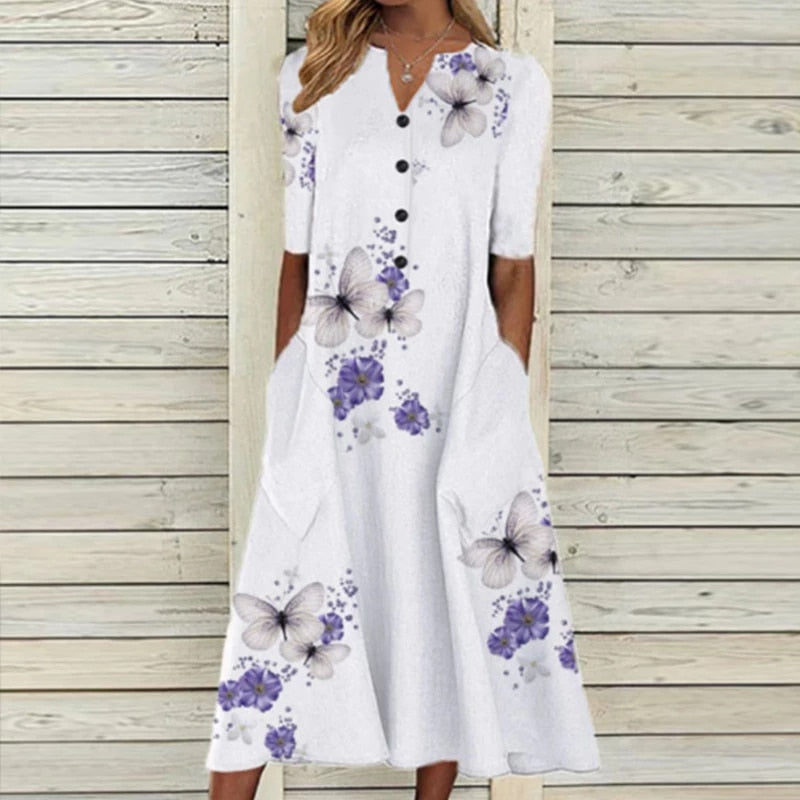 Romantic White Floral Print Midi Dress