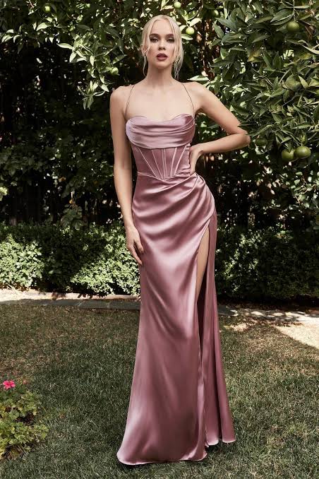 Bella | Satin Corset Slit Gown Rose