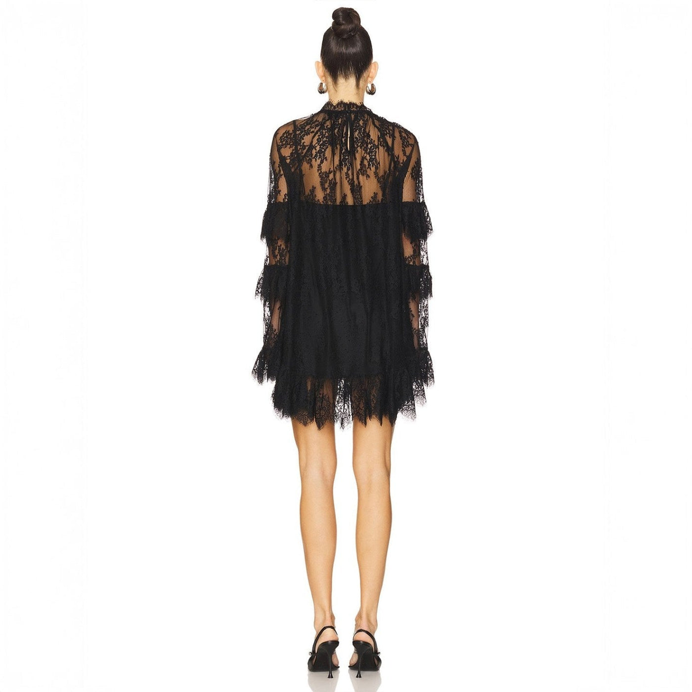 Lace High Neck Long Sleeve Tiered Ruffle Mini Dress 3