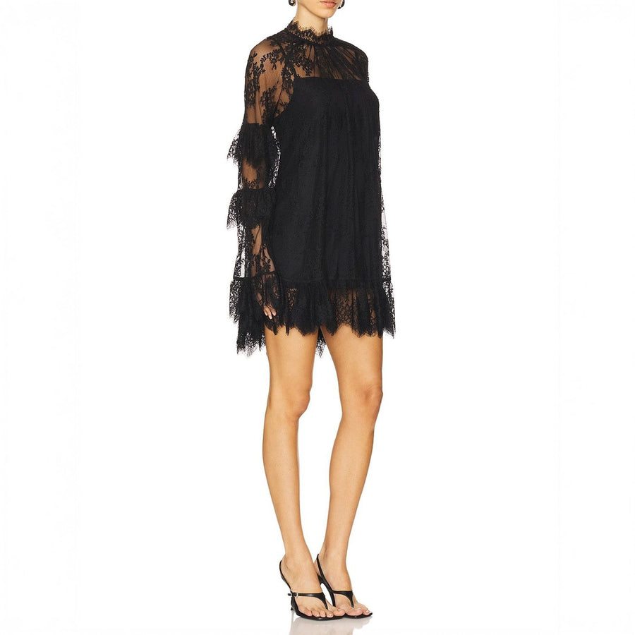 Lace High Neck Long Sleeve Tiered Ruffle Mini Dress 4