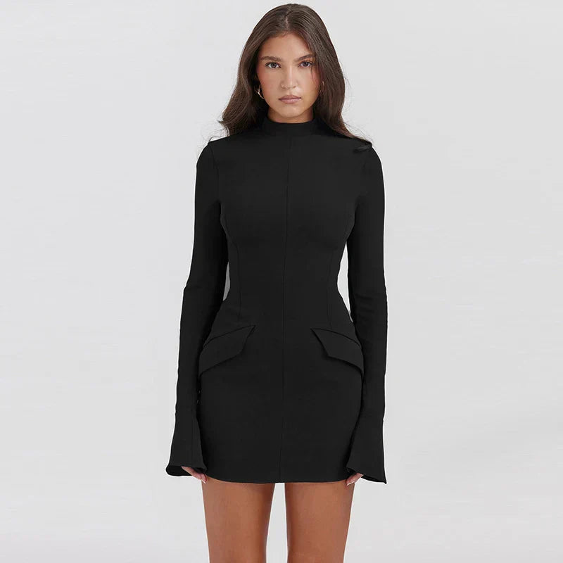 Daphne | Structured Navy High-Neck Dress Black
