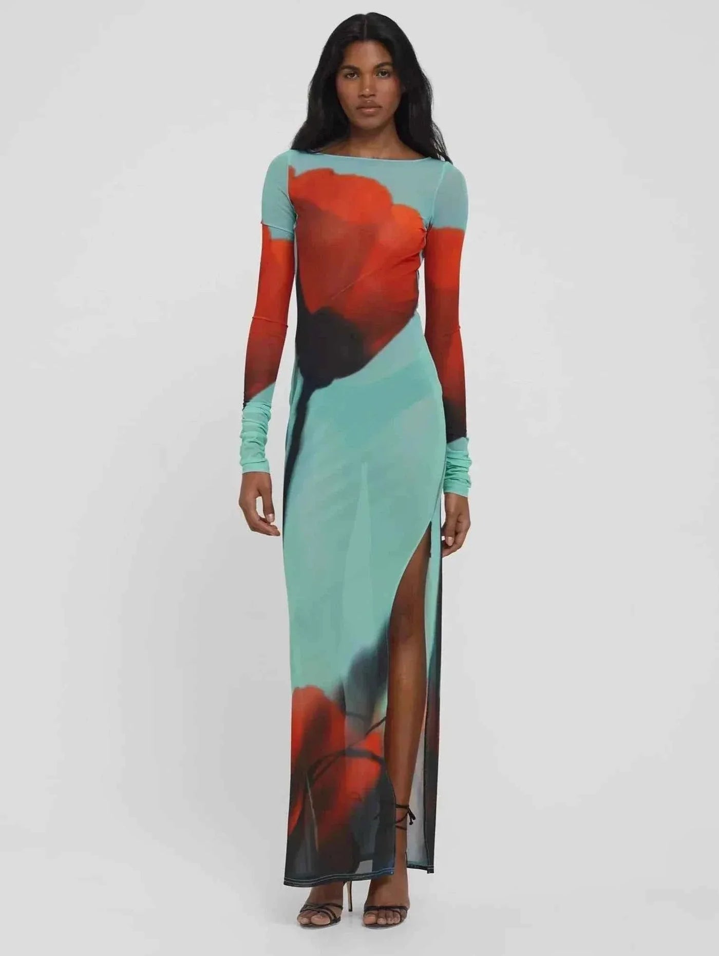Floral Mesh Long Sleeve High Split Bodycon Maxi Dress 2
