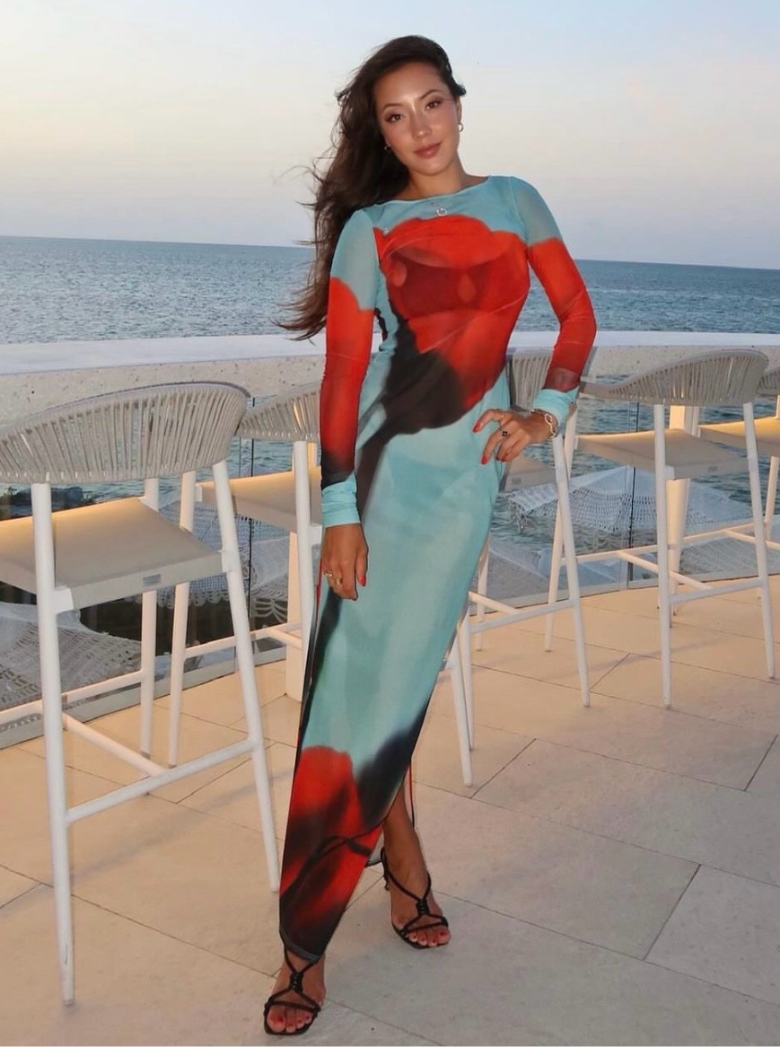 Floral Mesh Long Sleeve High Split Bodycon Maxi Dress 3