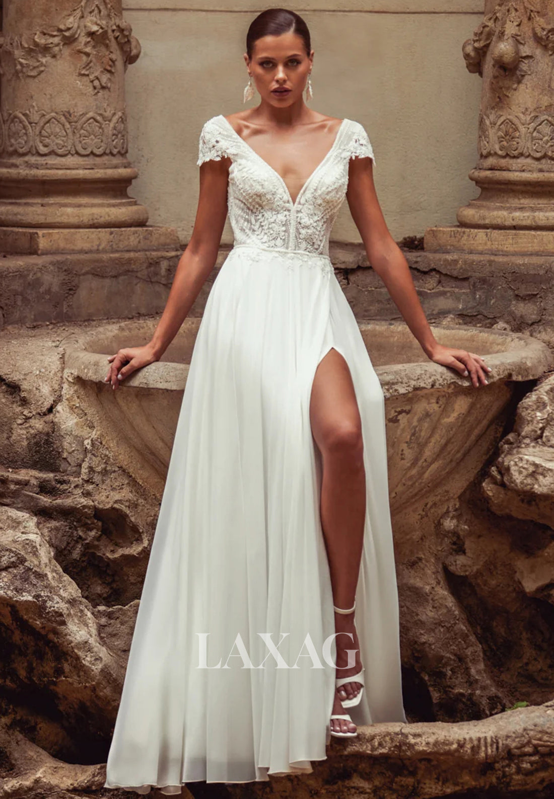 Deep V-Neck Applique Beaded Pleated Chiffon A-Line Wedding Dress Cap-Sleeves High Slit Bride Gowns