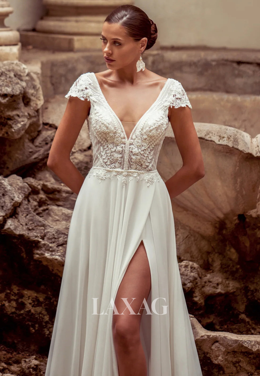 Deep V-Neck Applique Beaded Pleated Chiffon A-Line Wedding Dress Cap-Sleeves High Slit Bride Gowns