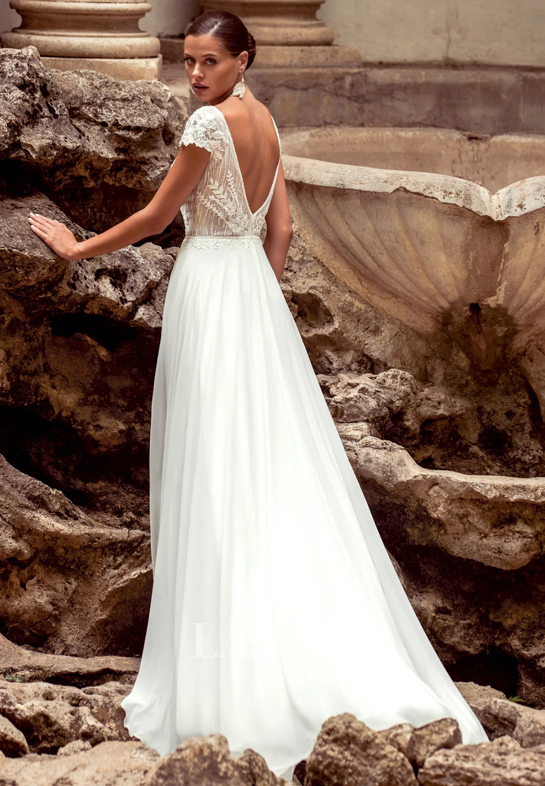 Deep V-Neck Applique Beaded Pleated Chiffon A-Line Wedding Dress Cap-Sleeves High Slit Bride Gowns