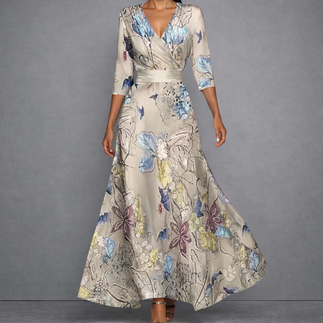 Floral Print V-Neck Belted Waist Fit and Flare Maxi Dress