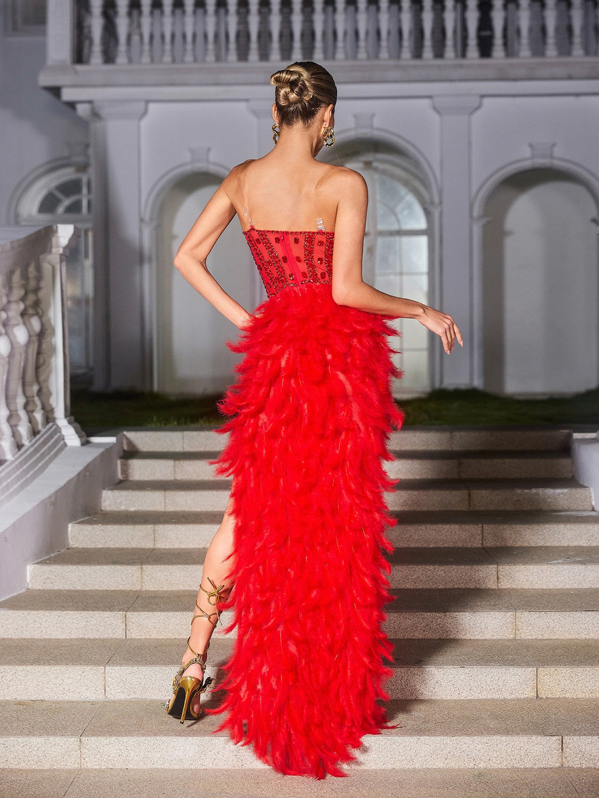 Strapless Rhinestone Feather Maxi Dress In Red - View 6