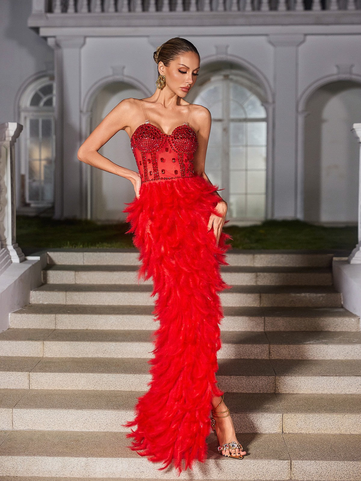 Strapless Rhinestone Feather Maxi Dress In Red - View 4