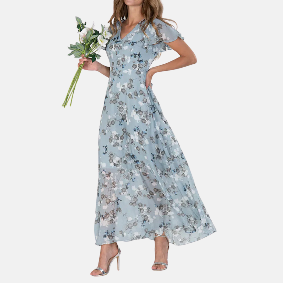 Floral Print V-Neck Flutter Sleeve Sheer Overlay Layered Maxi Dress