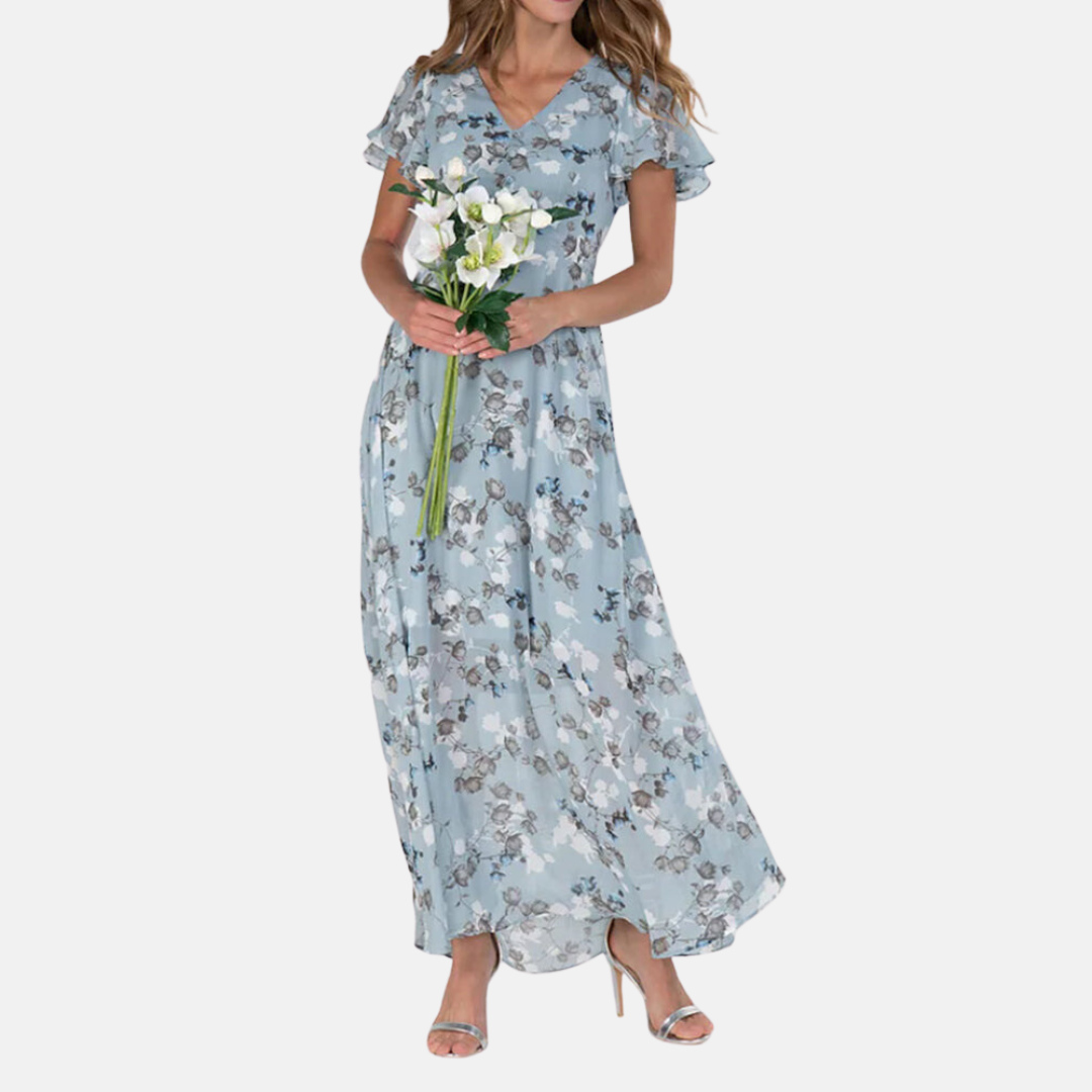 Floral Print V-Neck Flutter Sleeve Sheer Overlay Layered Maxi Dress
