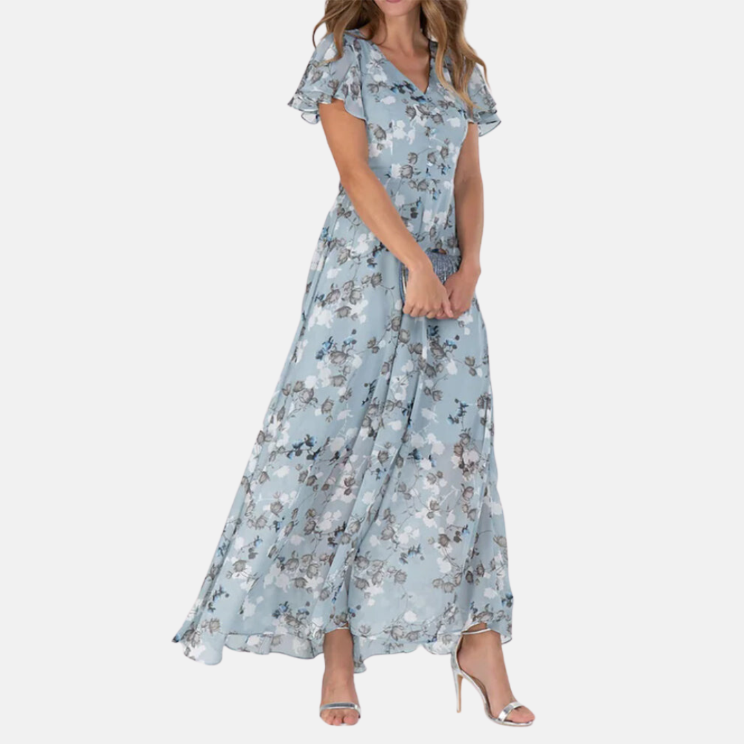 Floral Print V-Neck Flutter Sleeve Sheer Overlay Layered Maxi Dress