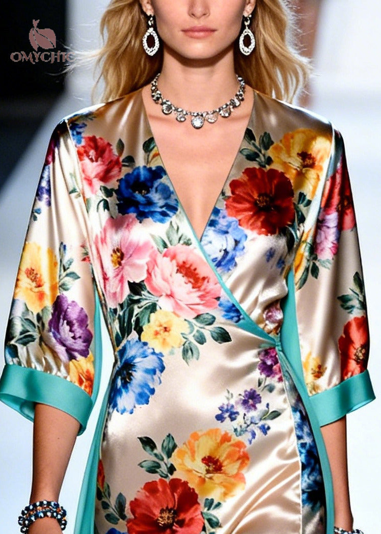 Floral Print Wrap V-Neck Kimono Sleeve High Split Sheer Side Panel Maxi Dress