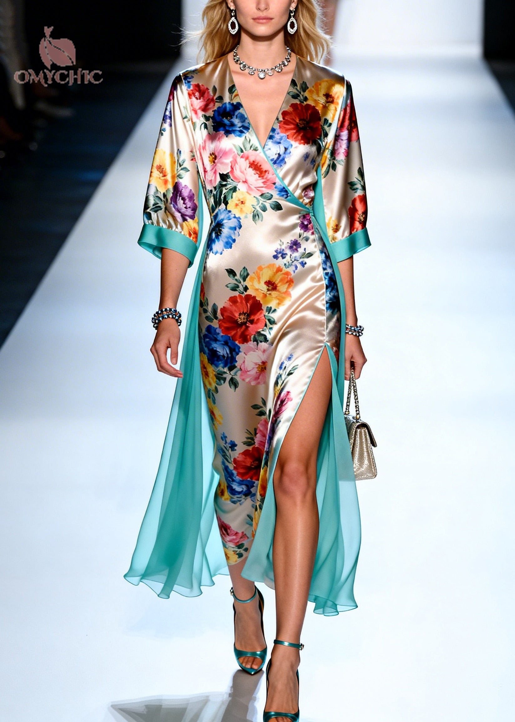 Floral Print Wrap V-Neck Kimono Sleeve High Split Sheer Side Panel Maxi Dress