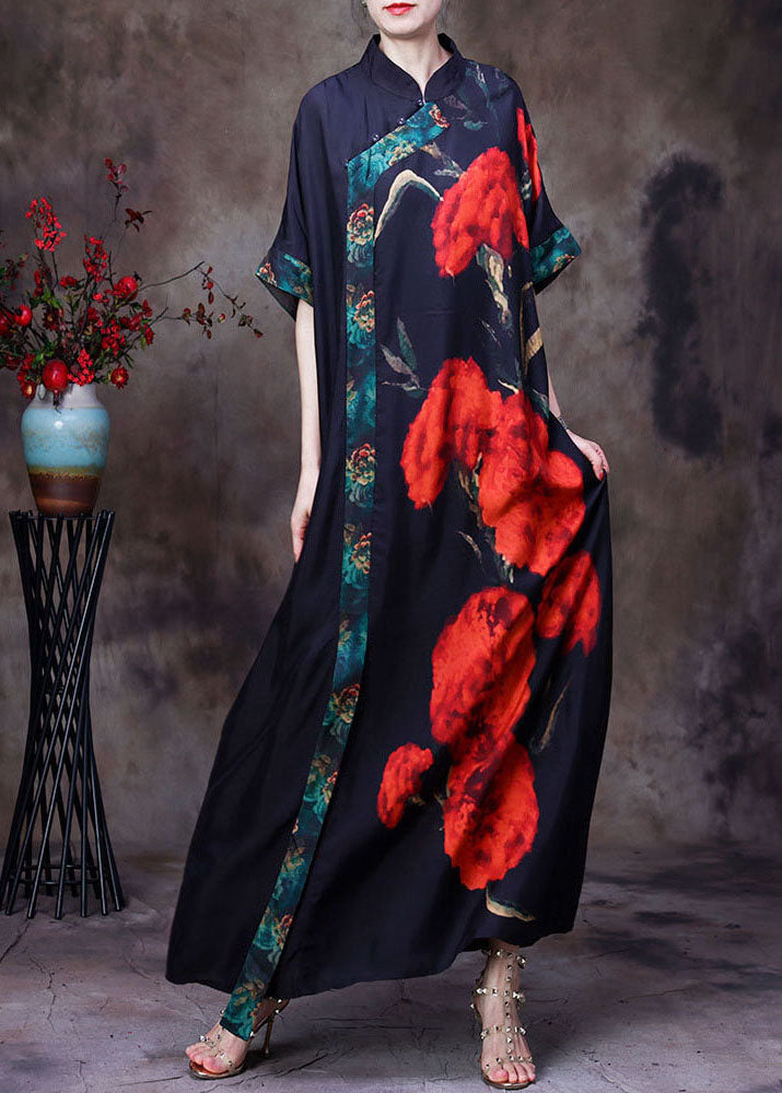 Floral Print Mandarin Collar Asymmetrical Wrap Short Sleeve Maxi Dress